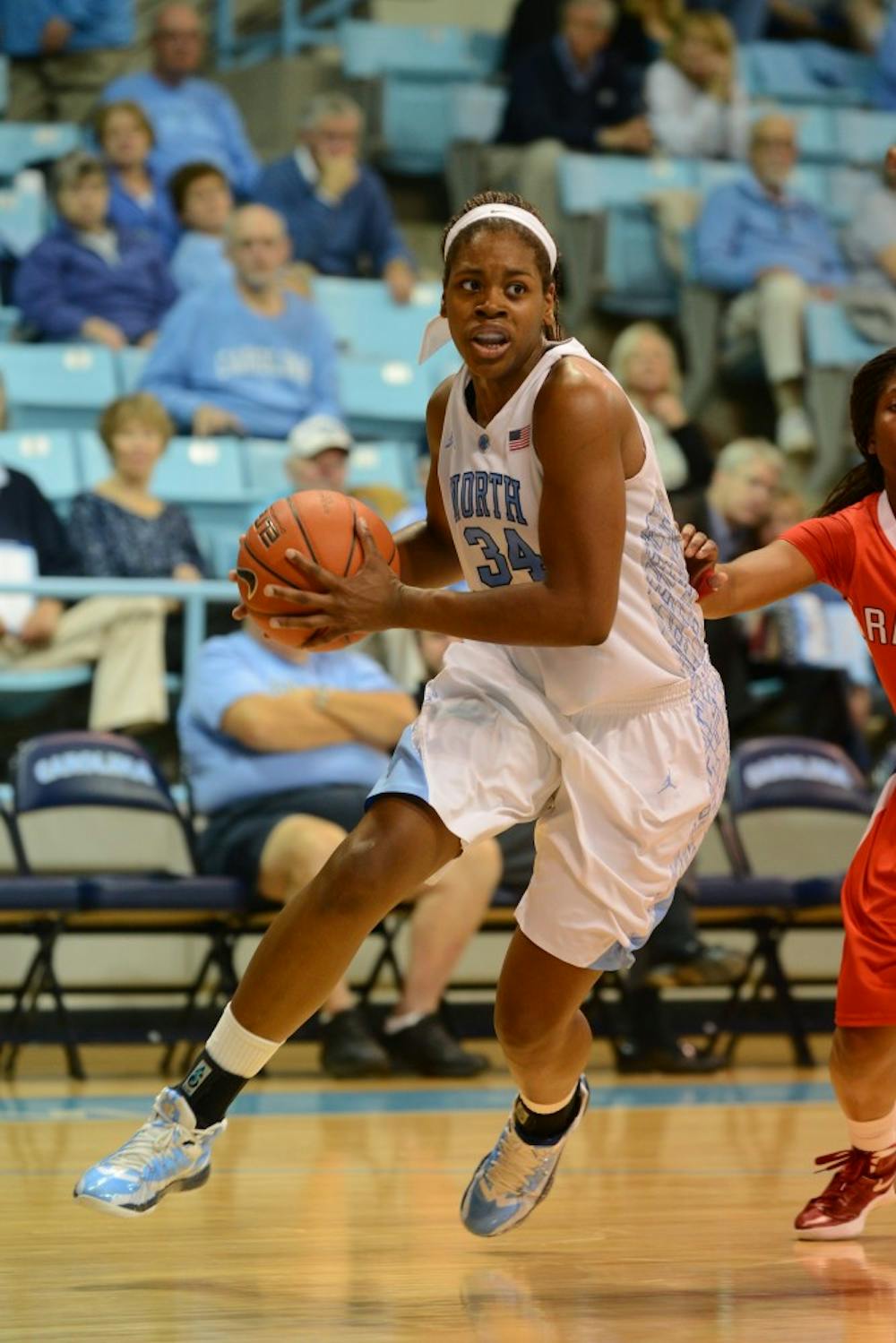 UNC Forward Xylina McDaniel (34) drives to the basket.
