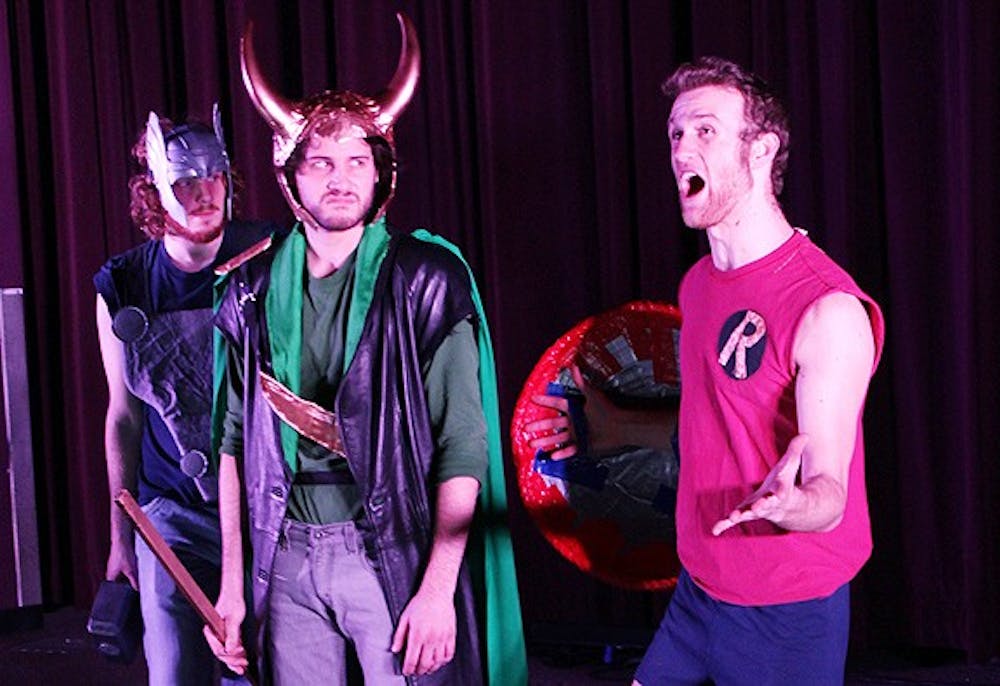 The Pauper Players rehearsed their upcoming show, Broadway Melodies, in the Hanes Art Center auditorium on Thursday night. Matt Verner, Quinn Matney, and Richard Walden play characters in The Avengers Convention. 