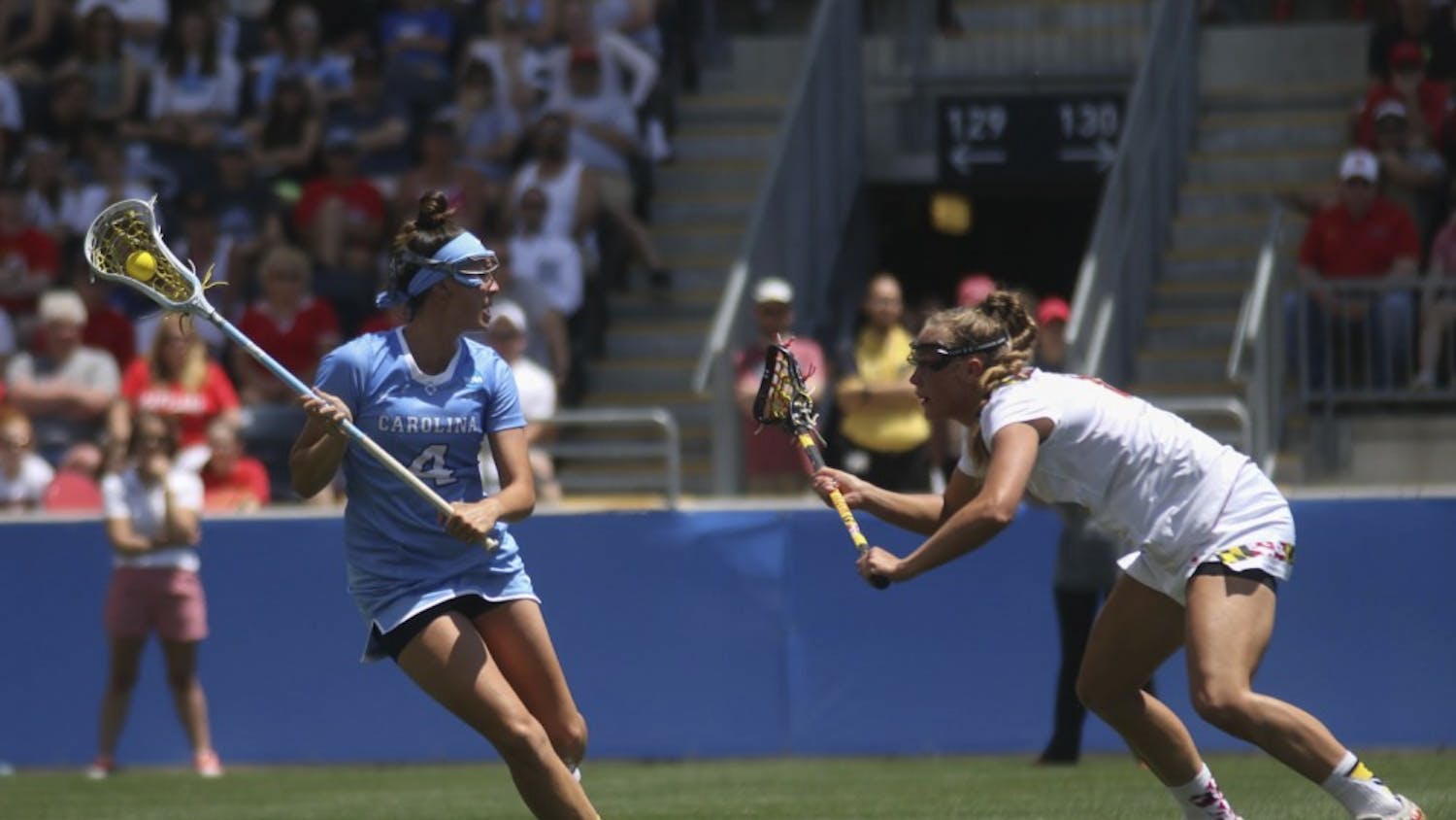 UNC midfielder Marie McCool looks for an open teammate to pass to. The North Carolina women's lacrosse team defeated Maryland 13-7 to capture the NCAA championship on May 29, 2016&nbsp;at Talen Energy Stadium in Chester, PA.
