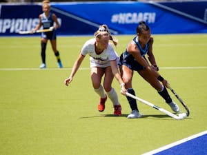 Freshman midfielder Kiersten Thomassey handles the ball with ease against Stanford. No. 1 seed Carolina FIeld Hockey defeated the Cardinals in a 2-0 victory, advancing them to the next round of the NCAA D1 Field Hockey Championships.