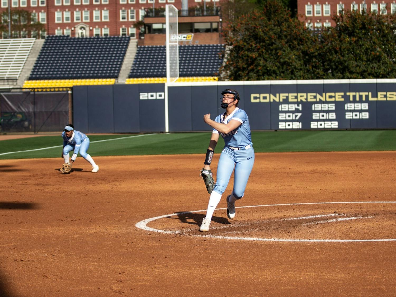 Sophomore Pitcher Lilli Backes (99) unleashes a fastball during a game between North Carolina and UNCG in Greensboro on April 4, 2023.