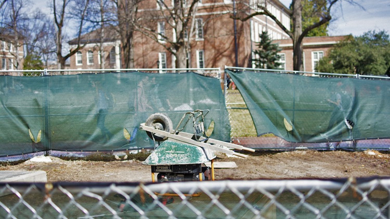 Construction equipment has cluttered the quad since August.  The recent snowstorms have postponed the project that is now expected to finish in April.