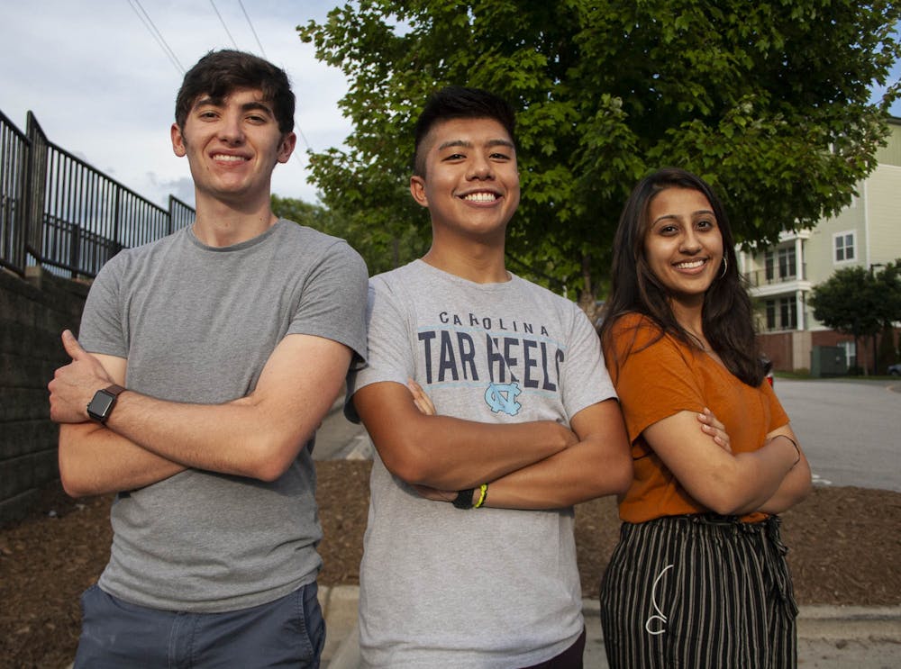 From left to right: Senior Sage Atkins, junior Toby Turla, and junior Sonam Shah, are co-founders of Peer2Peer. “We are offering a remote peer support system for people within the UNC community to talk about a shared experience,” Turla said.
