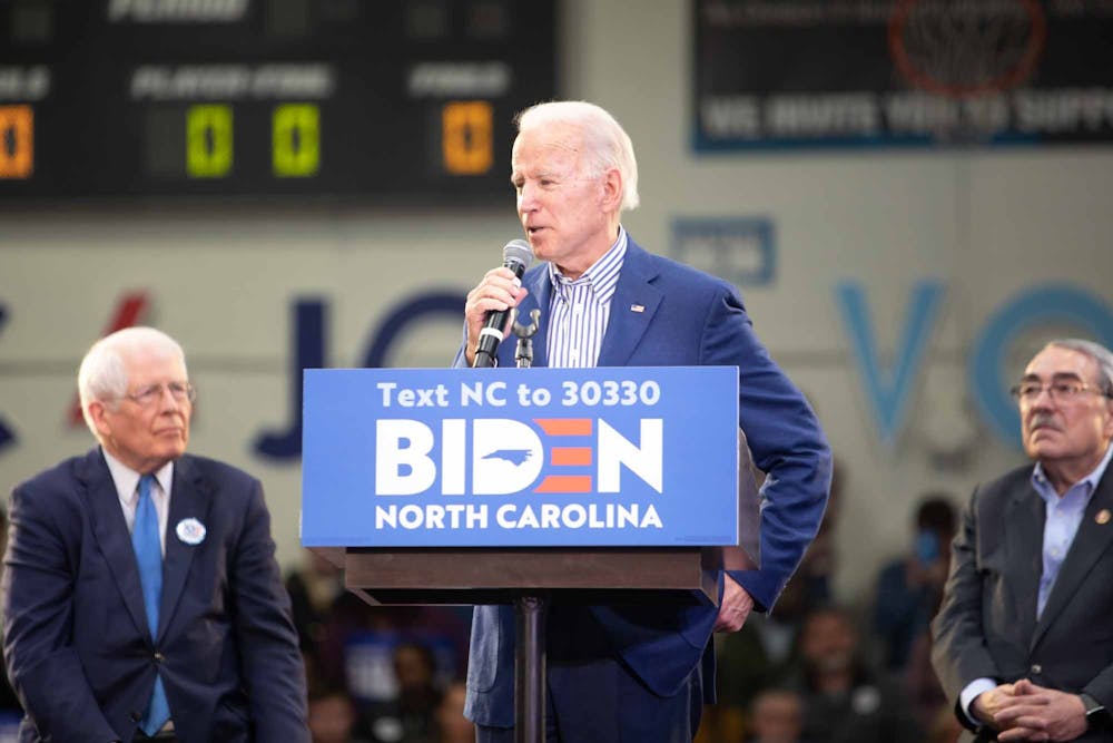 Former Vice President Joe Biden speaks during a rally ahead of Super Tuesday at St. Augustine's University in Raleigh, on Saturday, Feb. 29, 2020. Later that day, Biden won the South Carolina primary.