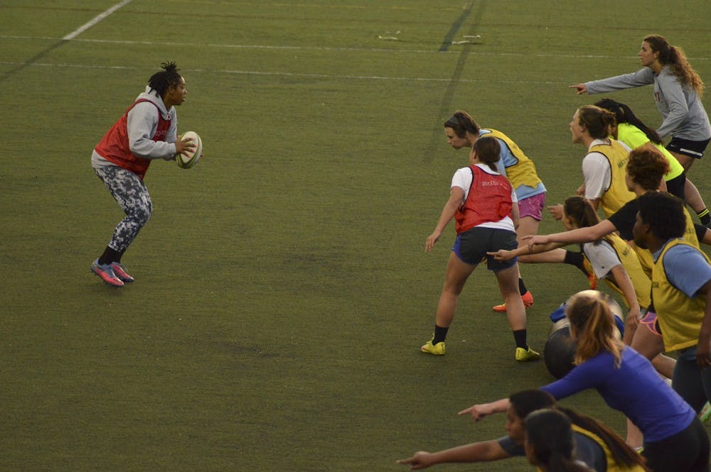 The UNC women's rugby team practices on Tuesday, April 5th on Hooker fields.