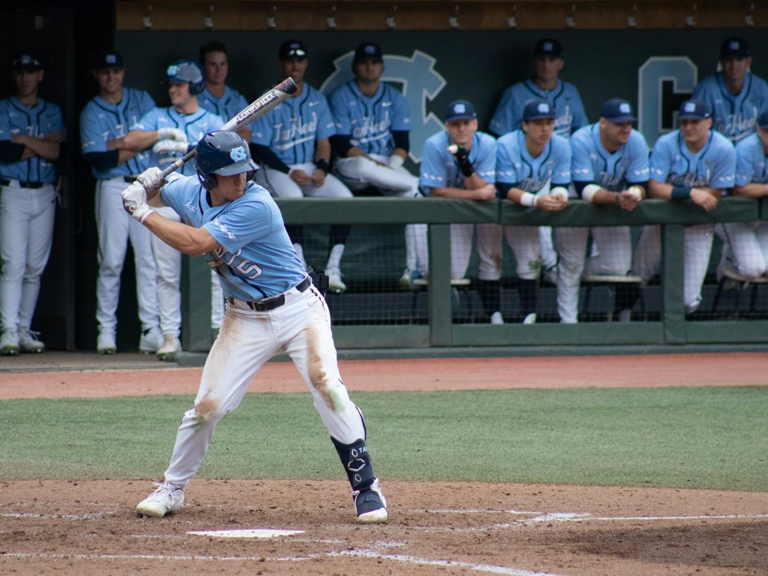 First-year catcher Eric Grintz prepares to swing for his fourth hit of the game, a 2-run double in the 8th inning of the Diamond Heels' 7-1 win over Elon Tuesday, Feb.18, 2020.