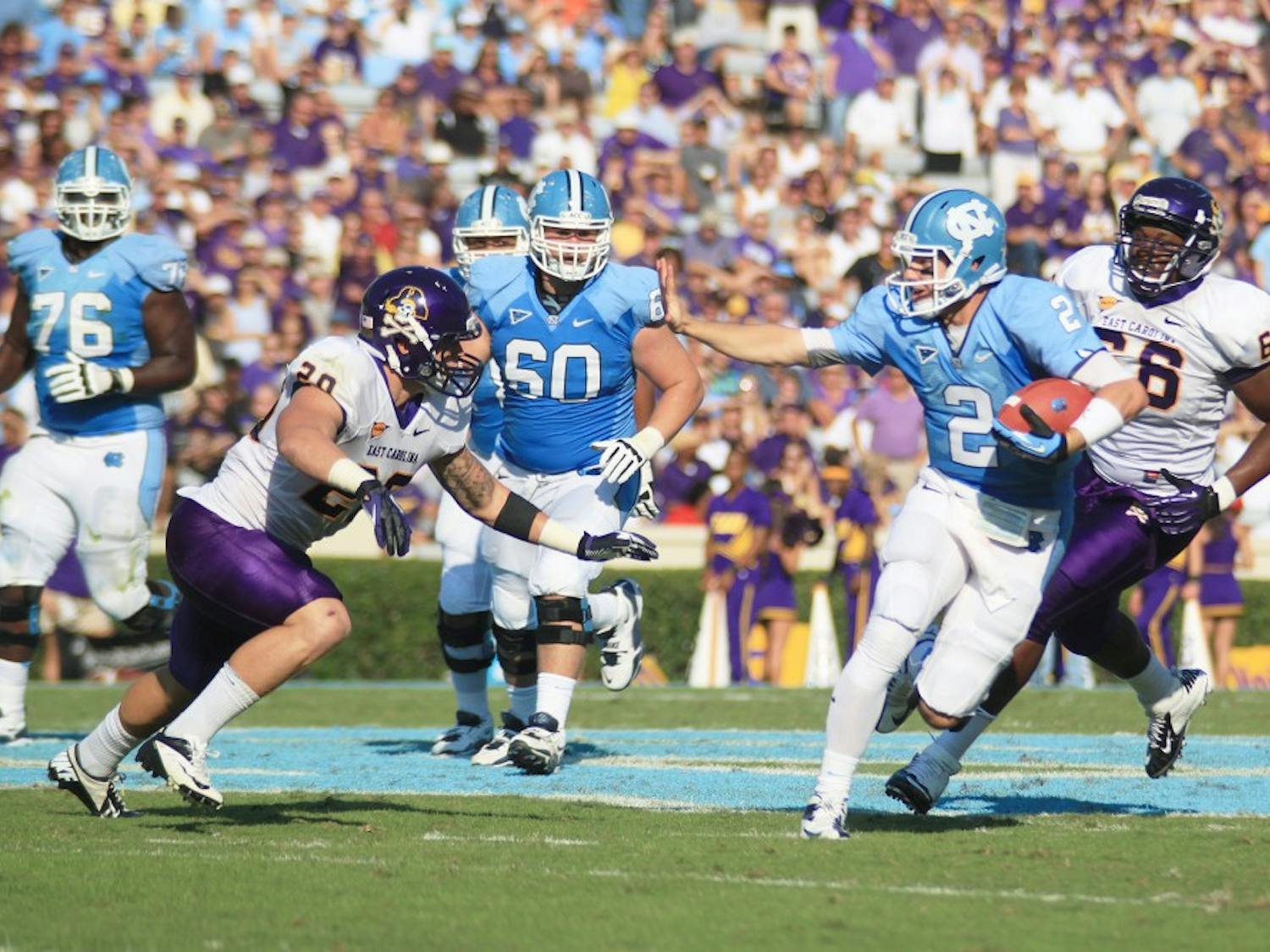 	UNC football plays against ECU on September 22, 2012. UNC won the game 27 to 6.