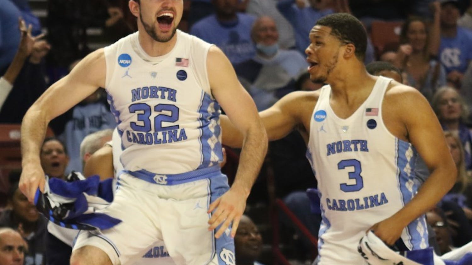 North Carolina forward Luke Maye (32) celebrates in the closing moments of the team's 39-point victory over Texas Southern in the first round of the NCAA Tournament in Greenville on Friday.