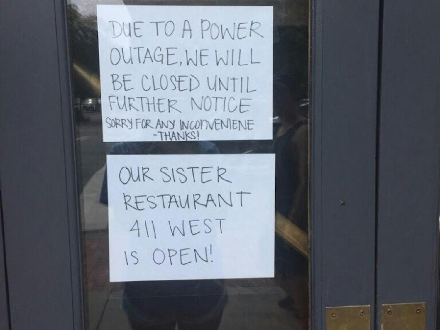 Sign outside of Spanky's during the power outage.
