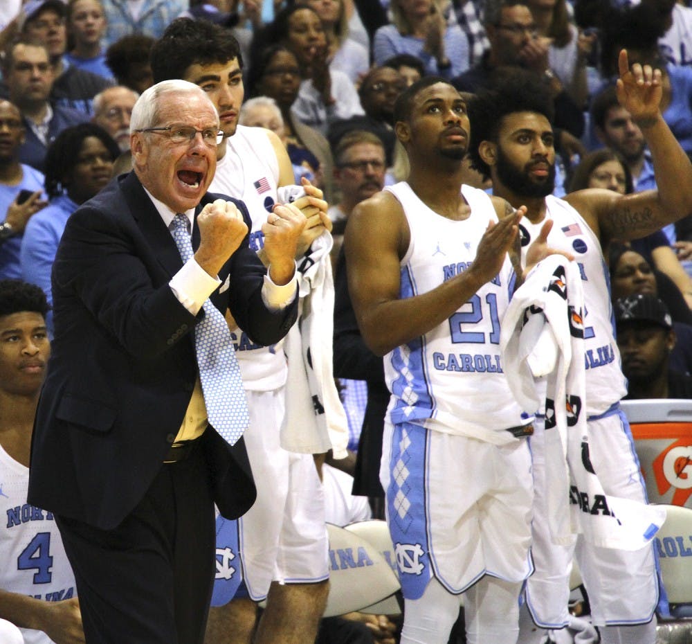 Roy Williams shouts from the bench during Saturday's game against Florida State.