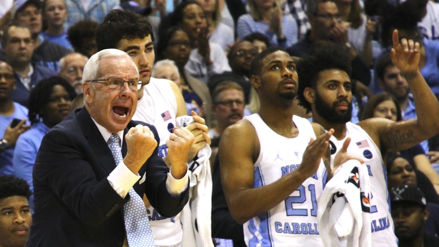 Roy Williams shouts from the bench during Saturday's game against Florida State.