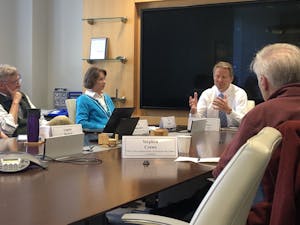 (From left to write) Chancellor's Advisory Committee members Vin Steponaitis, Joy Renner, Kevin Guskiewicz and Stephen Crews met Wednesday, March 27, 2019 to discuss new initiatives for the University, among other topics.