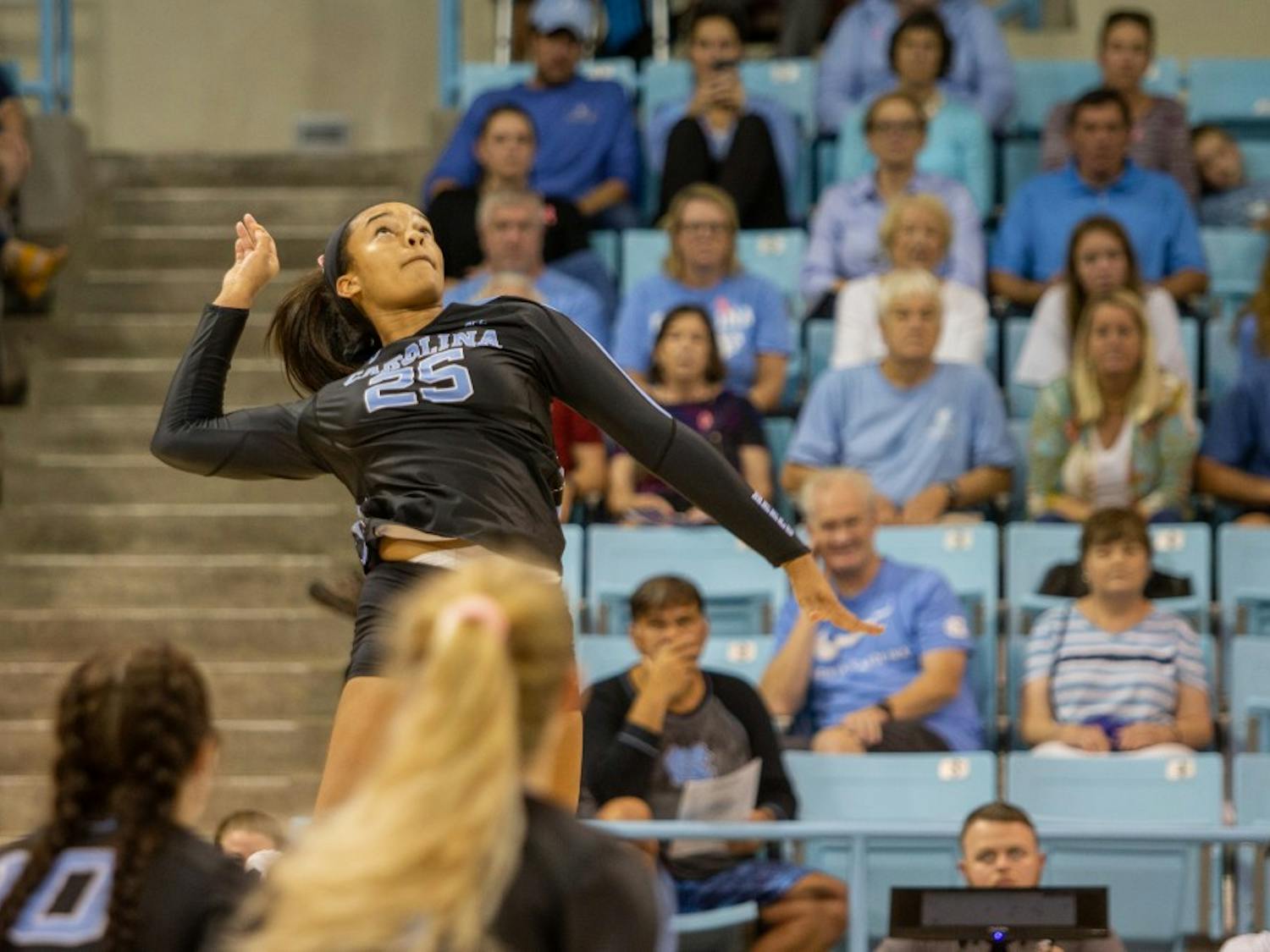 UNC freshman outside hitter Lauren Harrison (25) spikes the ball during the Tar Heels' 3-0 win against the Boston College Eagles on Sunday, Oct. 27, 2019 in Carmichael Arena in Chapel Hill. UNC beat Boston College 3-0.