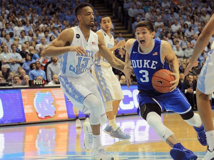 Duke guard Grayson Allen makes a move toward the basket during the March 7, 2015 UNC-Duke men's basketball game. 