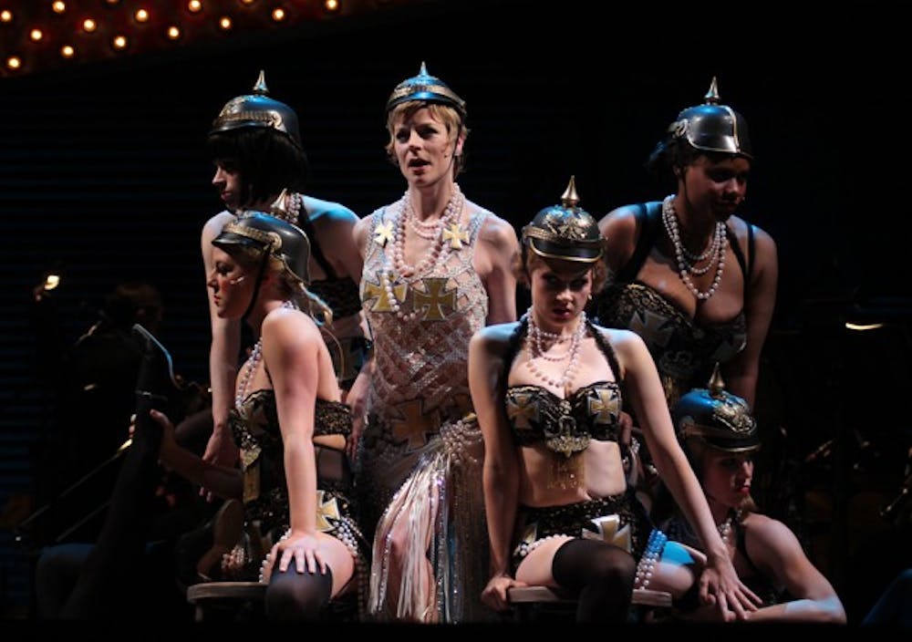 Lisa Brescia (center) performs in Playmakers' Cabaret as Sally Bowles performing the number "Mein Herr" with members of the cast.