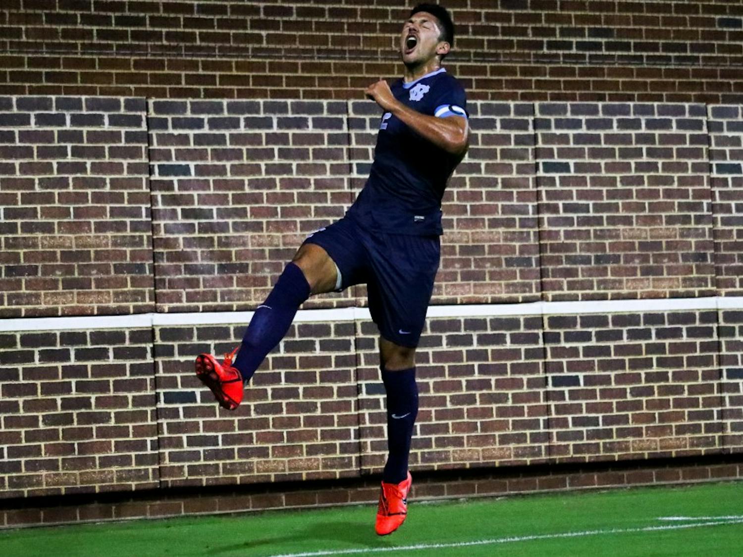 Senior midfielder Mauricio Pineda (2) celebrates his first goal in the 3-1 win over West Virginia on Tuesday, Oct. 8, 2019 on Dorrance Field.&nbsp;