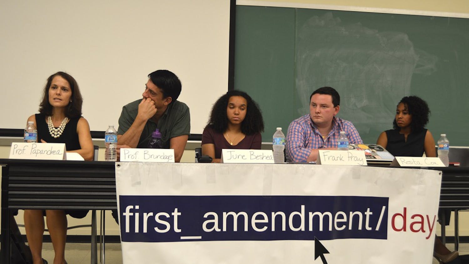 The Symbols of the South panel prepares to discuss different First Amendment issues, including Silent Sam, Saunders Hall, and the Confederate flag at First Amendment Day.