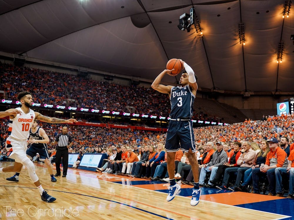 Duke's sophomore guard Tre Jones (3) shoots the ball during the game against Syracuse on Saturday, Feb. 1, 2020. Duke beat Syracuse 97-88. Photo by Henry Haggart, courtesy of The Chronicle. 