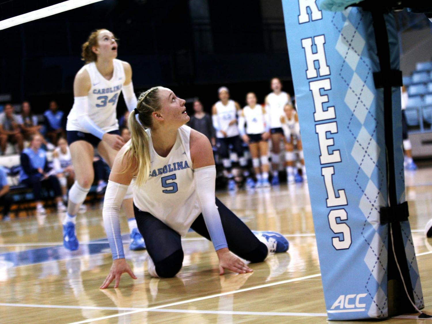 UNC outside hitter Charly Niego (5) saves the ball on Sept. 2, 2022.
