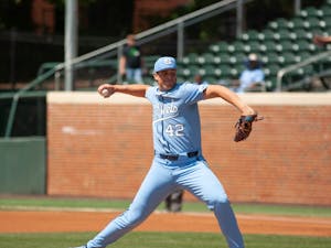 Junior right-handed pitcher Jake Knapp (42) pitches the ball during the baseball game against Boston College on Sunday, April 23, 2023, at Boshamer Stadium. UNC fell to Boston College 2-6.