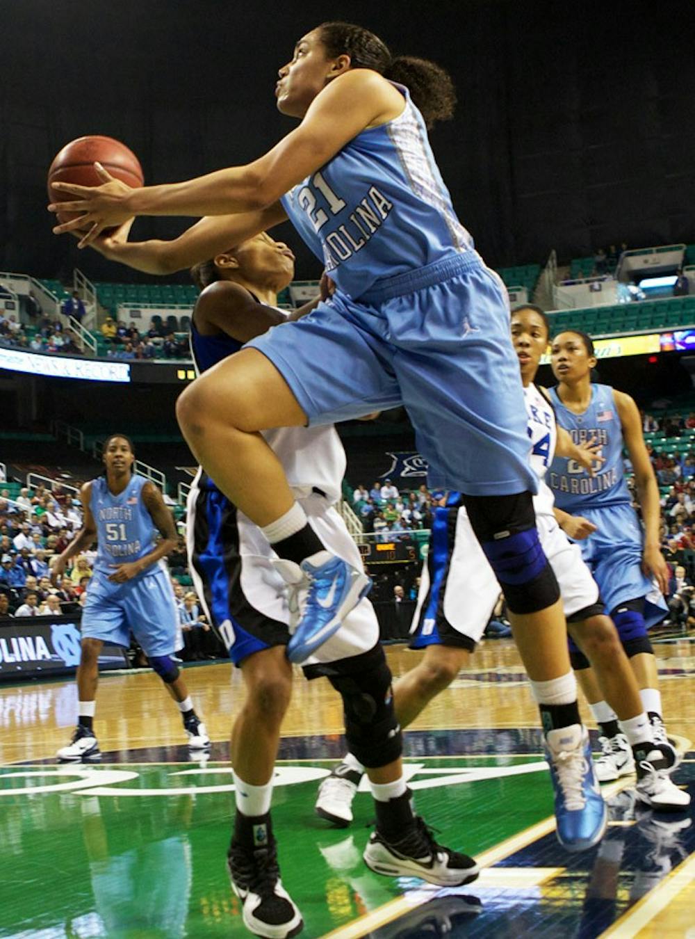 Krista Gross goes up for a shot in the first half of the ACC Tournament Championship Game. The Tar Heels fell to the Blue Devils 81-66.