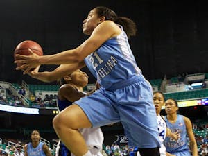 Krista Gross goes up for a shot in the first half of the ACC Tournament Championship Game. The Tar Heels fell to the Blue Devils 81-66.