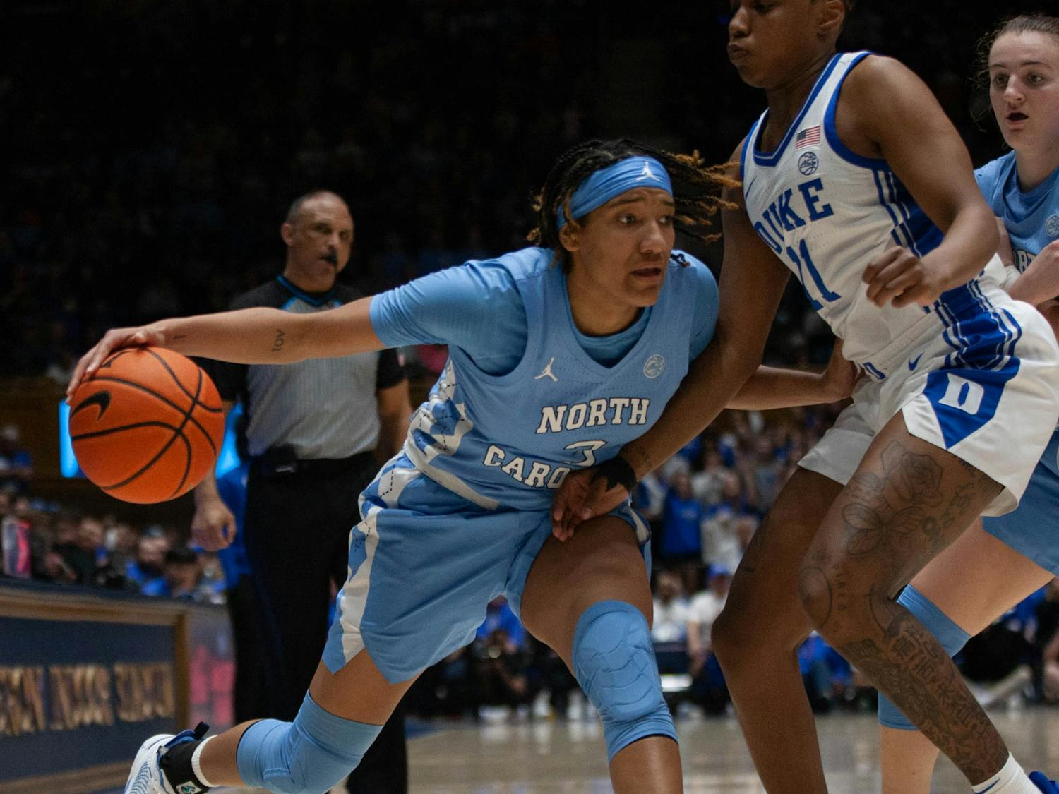 UNC junior guard Kennedy Todd-Williams (3) dribbles the ball during the women’s basketball game against Duke on Sunday, Feb. 26, 2023, at Cameron Indoor Stadium. UNC defeated Duke 45-41.