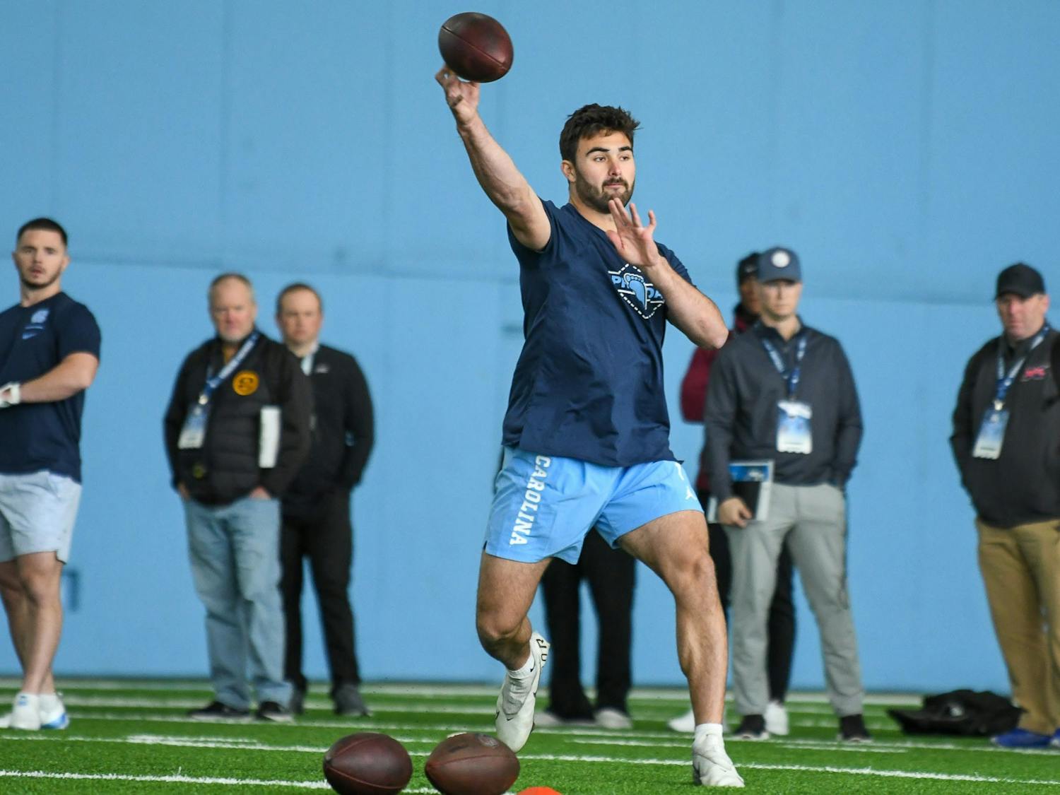 Quarterback Sam Howell opens drills during NFL Pro Day on Monday, March 28, 2022, at the Bill Koman Practice Complex.