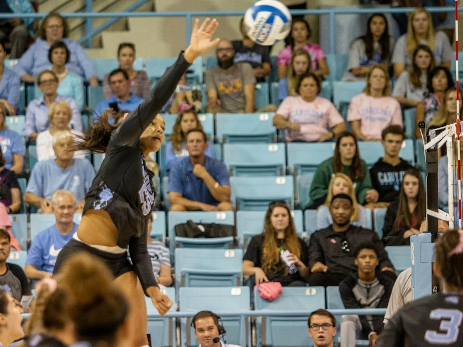 UNC freshman outside hitter Lauren Harrison (25) spikes the ball during the Tar Heels' 3-0 win against the Boston College Eagles on Sunday, Oct. 27, 2019 in Carmichael Arena in Chapel Hill. UNC beat Boston College 3-0.&nbsp;