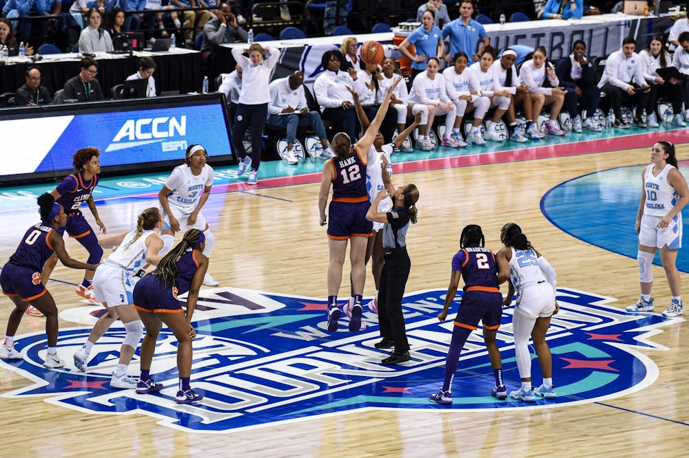 <p>Junior forward Anya Poole (31) tips off the UNC women's basketball game against Clemson University in the second round of the ACC Championship in Greensboro, NC.</p>