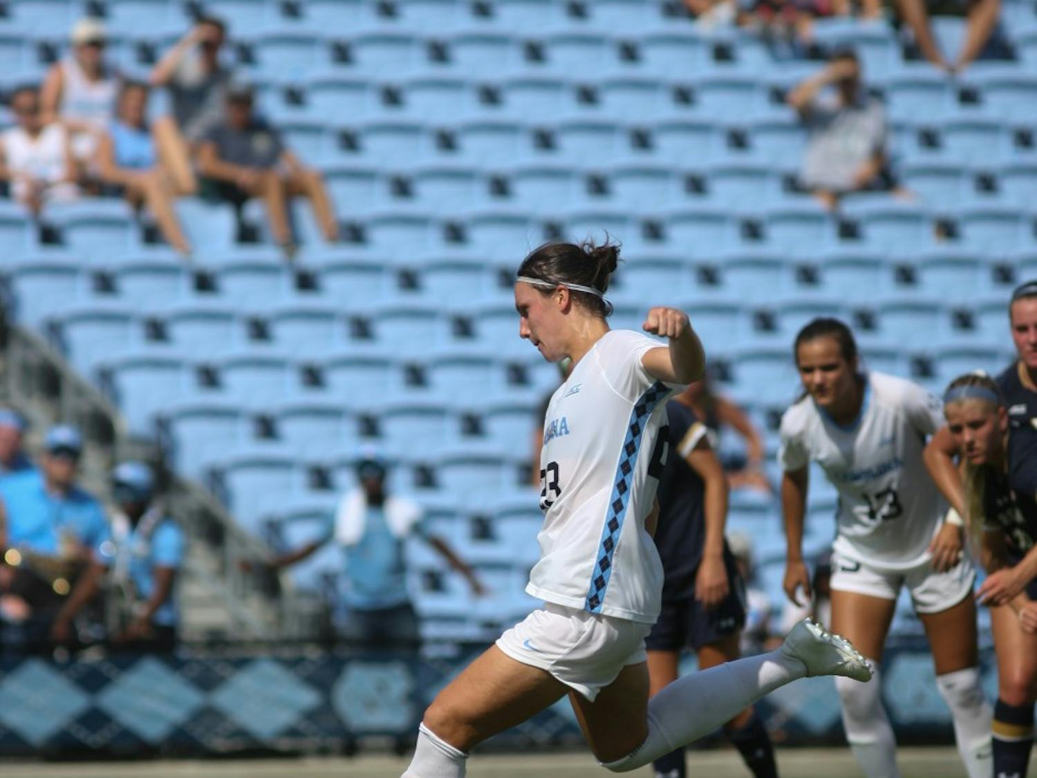 UNC defender Lotte Wubben-Moy (23) shoots a penalty kick in the final minutes of the soccer game against the Notre Dame Fighting Irish on Sunday, Sept. 29th, 2019 at Dorrance Field. The Tar Heels beat the Fighting Irish 3-0 to advance to a 10-1 record on the season.