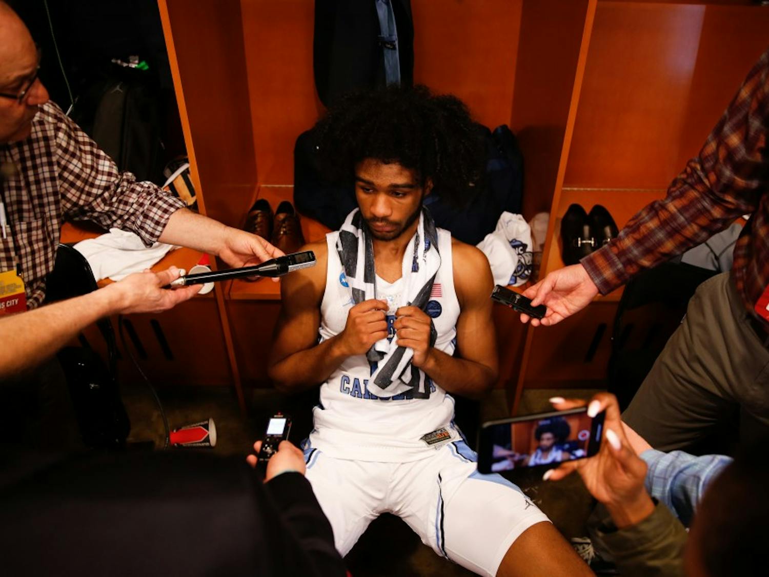 UNC first-year guard Coby White (2) answers reporters following UNC's 97-80 loss against Auburn University in the Sweet 16 round of the 2019 NCAA Tournament at the Sprint Center in Kansas City, M.O. on Friday, March 29, 2019. White shot 0-7 on three-pointers, ending his season with a 15-point game.