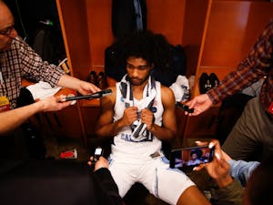 UNC first-year guard Coby White (2) answers reporters following UNC's 97-80 loss against Auburn University in the Sweet 16 round of the 2019 NCAA Tournament at the Sprint Center in Kansas City, M.O. on Friday, March 29, 2019. White shot 0-7 on three-pointers, ending his season with a 15-point game.