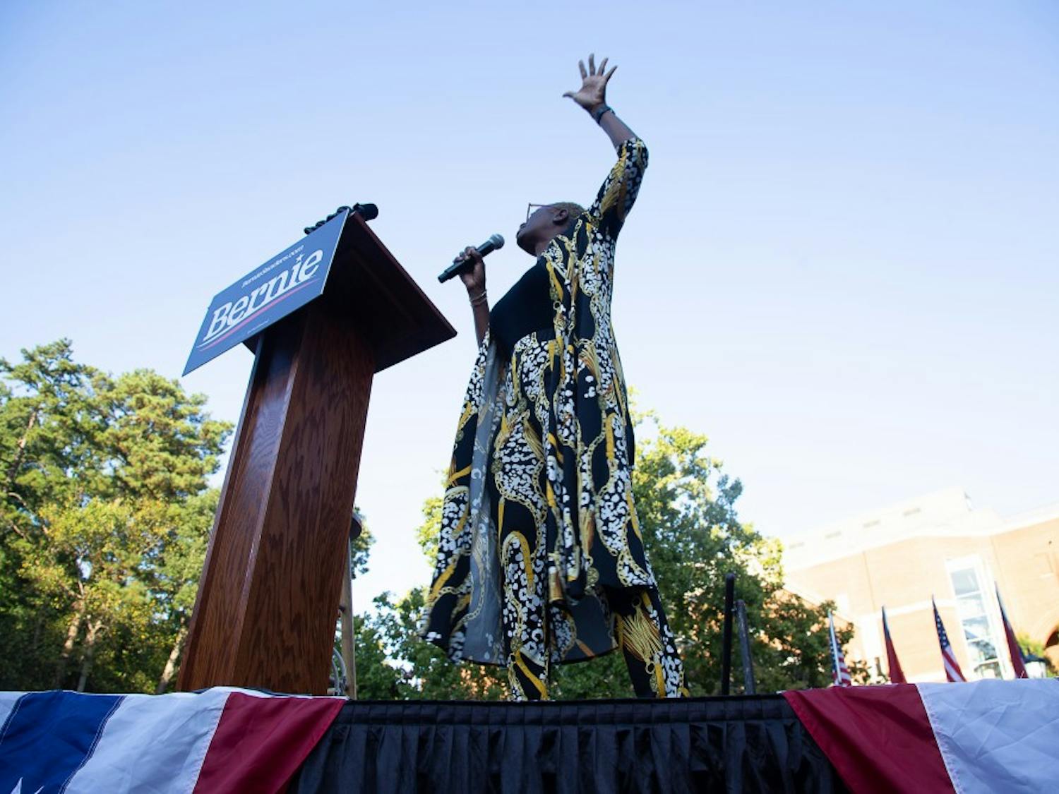 "There is something wrong when a few families have all the wealth and the rest of us have little or nothing", previous Ohio State Senator Nina Turner speaks before Senator Bernie Sanders takes the stage at the Bell Tower Amphitheater on Thursday, Sept. 19, 2019.&nbsp;