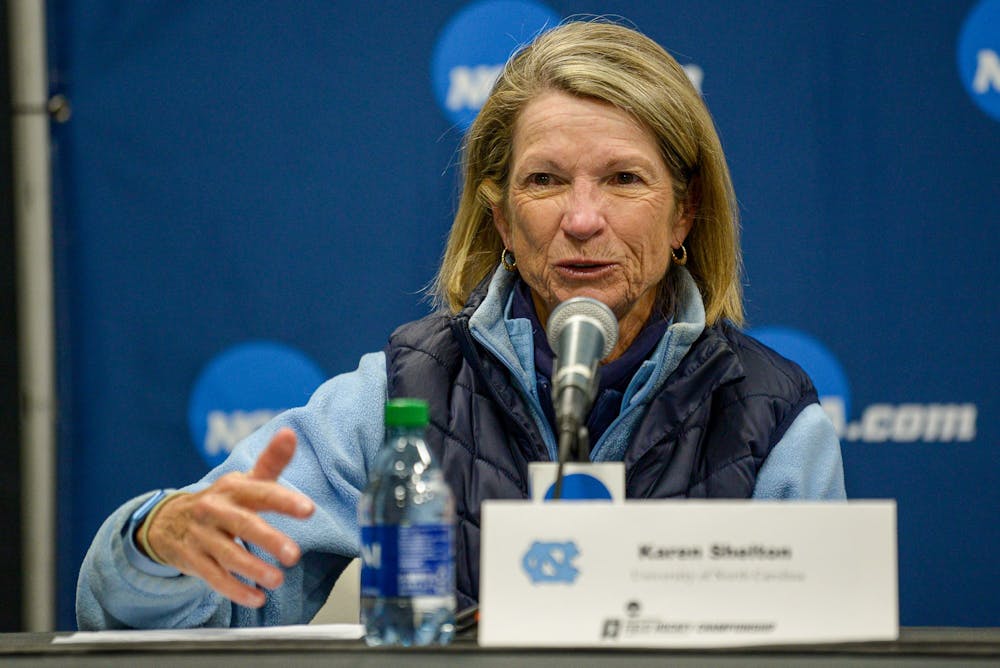 <p>UNC field hockey head coach Karen Shelton answers questions at the George J. Sherman Sports Complex in Storrs, Conn., following UNC's win over Northwestern in the 2022 national championship.</p>