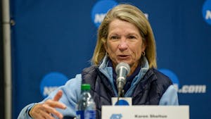 UNC field hockey head coach Karen Shelton answers questions at the George J. Sherman Sports Complex in Storrs, Conn., following UNC's win over Northwestern in the 2022 national championship.