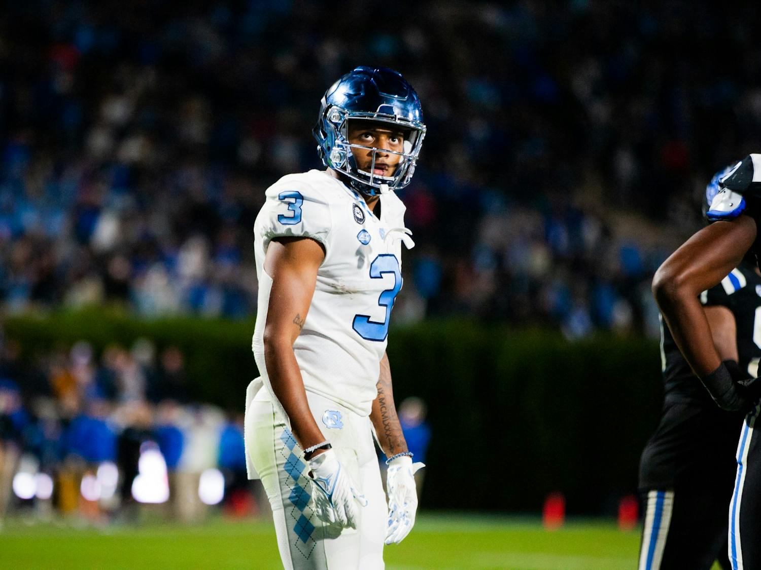 UNC senior wide receiver, Antoine Green (3), watches as the referees confirm his challenged touchdown in Wallace Wade Stadium on Oct. 15, 2022, in UNC’s faceoff against Duke. UNC won 38-35.
