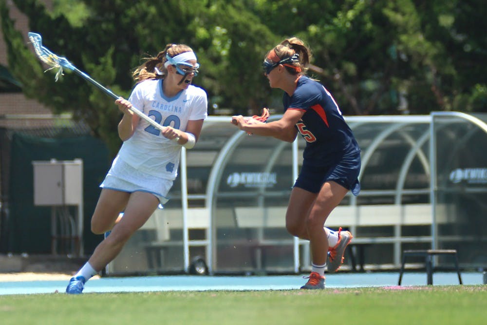 Molly Hendrick maneuvers towards to goal during the Tar Heel's 10 to 9 loss against UVA during the NCAA championship.