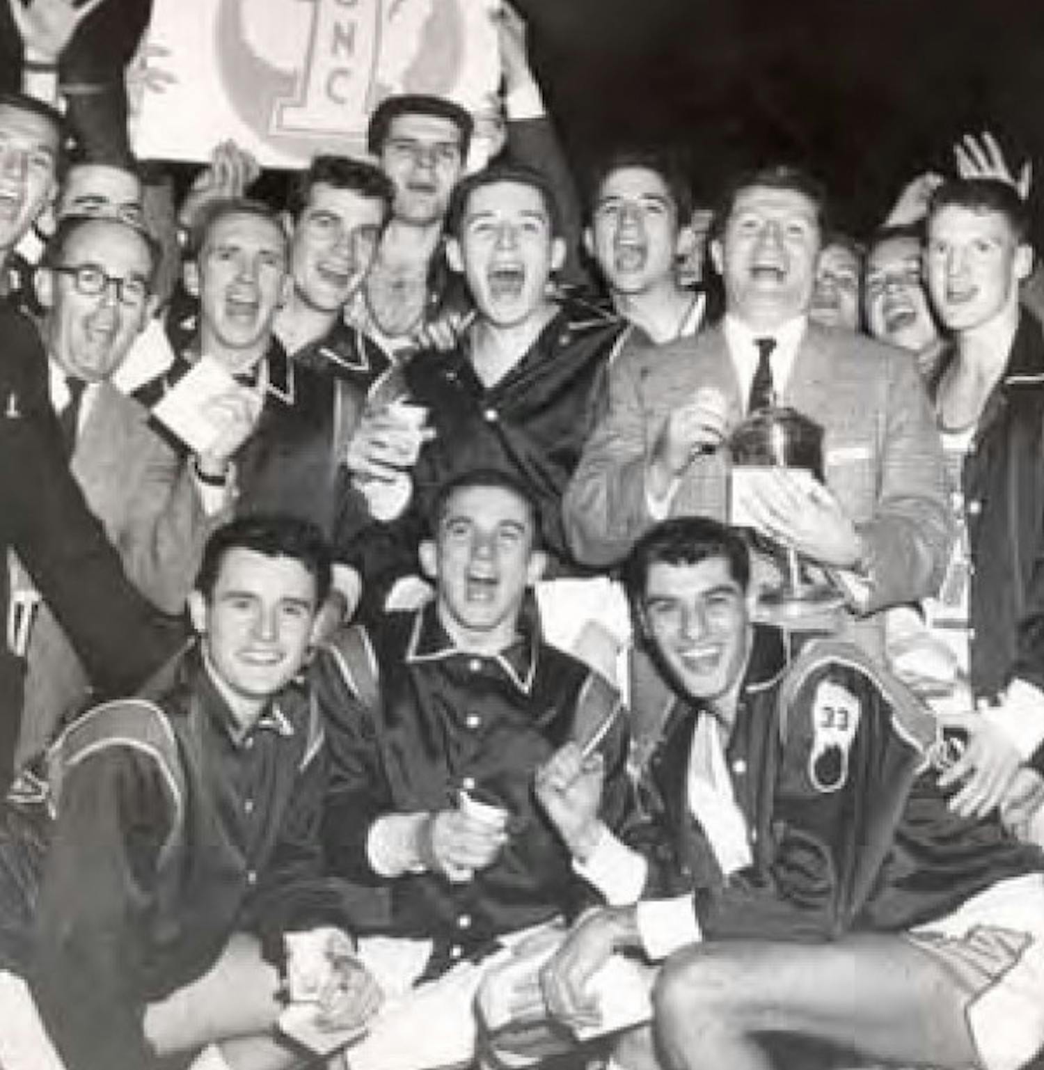 The UNC 1957 men's basketball team celebrates its win. Photo courtesy of North Carolina Collection.