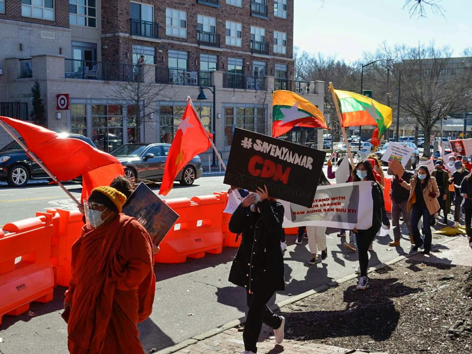 Protesters gather on Franklin Street for a demonstration against the military coup in Myanmar on Feb. 20, 2021.