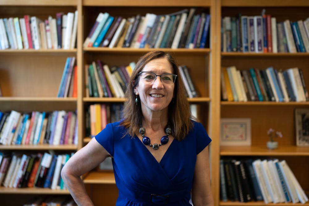 <p>Beth Moracco poses for a portrait in her office at the UNC Gillings School of Global Public Health on Tuesday, April 4, 2023. Moracco is running to occupy the position of faculty chairperson for the 2023-24 academic year.&nbsp;</p>