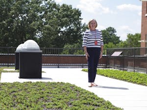 The principal of Northside Elementary,  Cheryl Carnahan, stood on the school's roof garden on August 14th, 2014. The garden contains several energy efficient features, including solar tubes and a rainwater cistern.