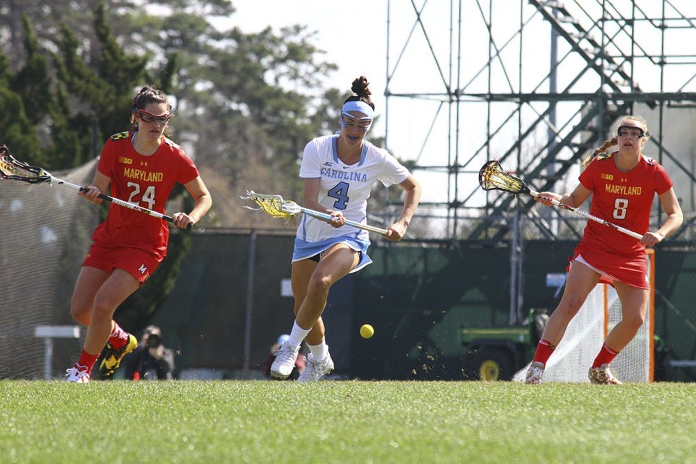 Marie McCool (4) goes for the ball between two Maryland defenders Saturday afternoon. The Tar Heels fell to 8-7.