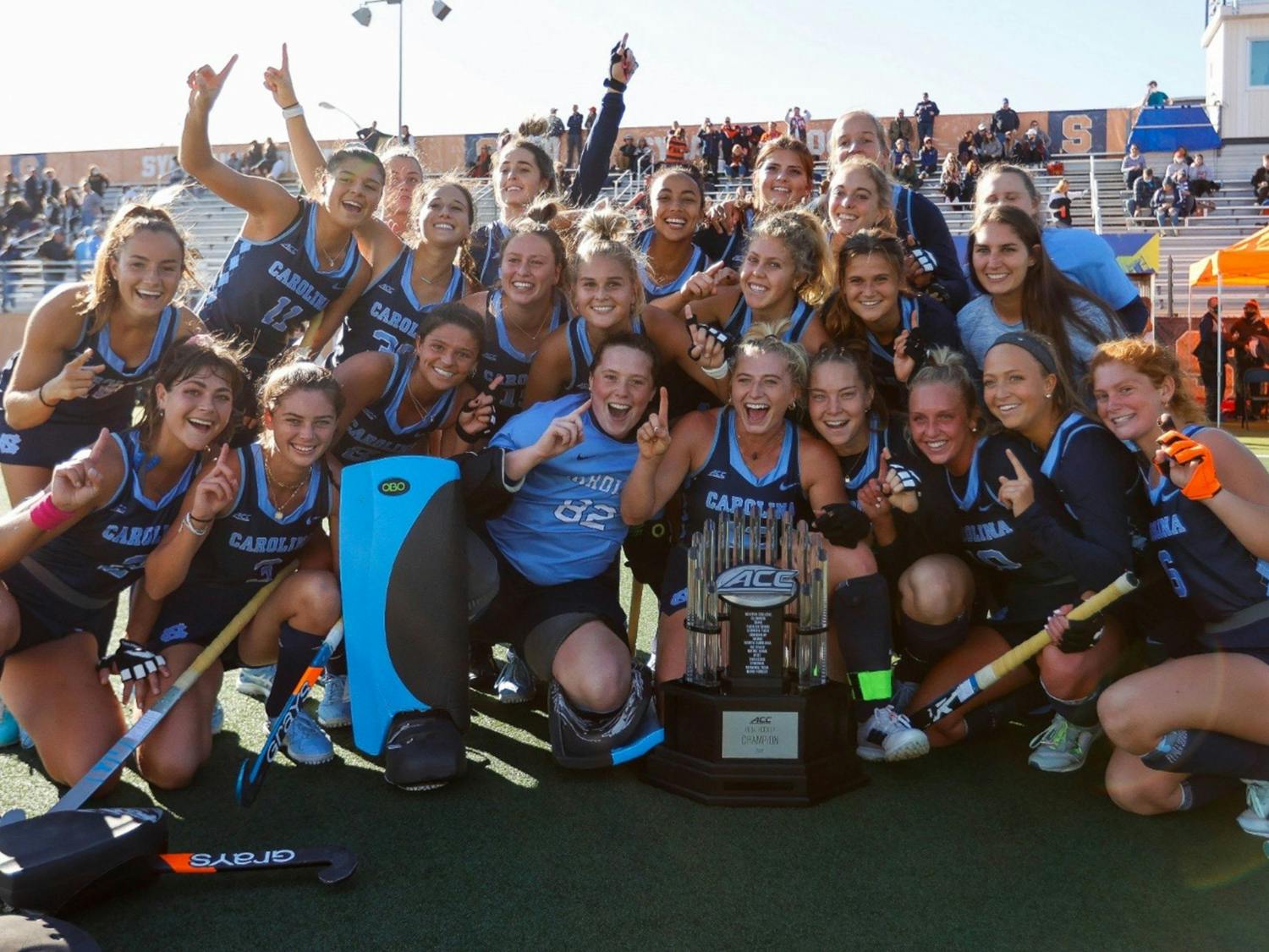 The field hockey team poses with the ACC Championship trophy after its victory on Nov. 7. Photo courtesy of UNC Athletic Communications.