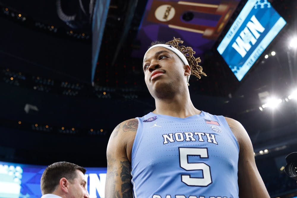 UNC junior forward Armando Bacot (5) walks off the court after the Final Four of the NCAA Tournament against Duke in New Orleans on Saturday, April 2, 2022. UNC won 81-77.