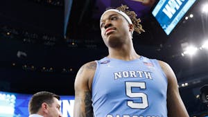 UNC junior forward Armando Bacot (5) walks off the court after the Final Four of the NCAA Tournament against Duke in New Orleans on Saturday, April 2, 2022. UNC won 81-77.