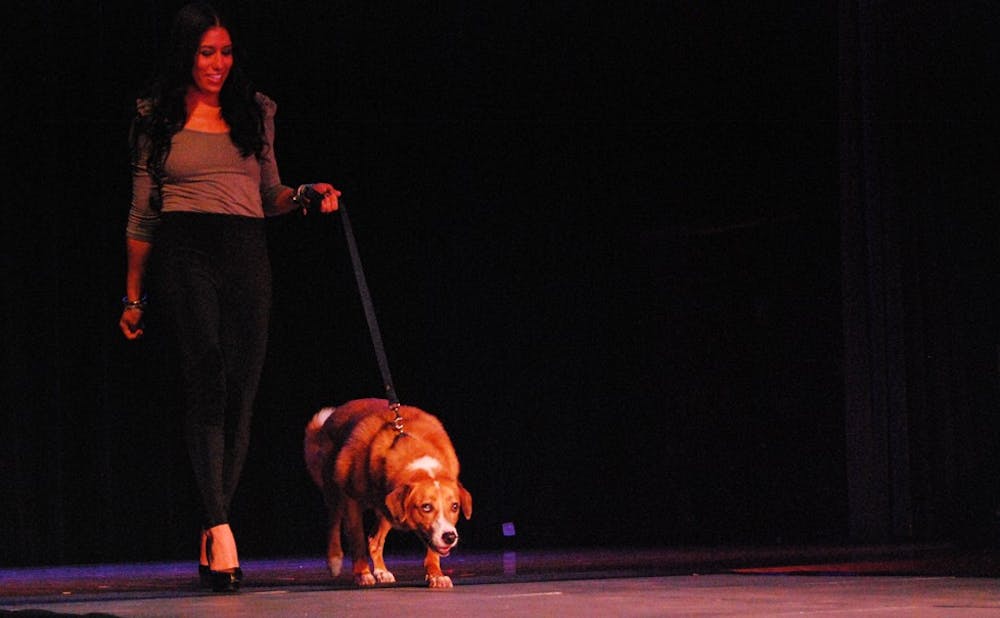 Sophomore Nicole Suarez from Miami walks down the runway of a fashion show hosted by UNC ‘s Helping Paws on Saturday to benefit the Orange County Animal Services Center’s spay and neuter initiatives. 