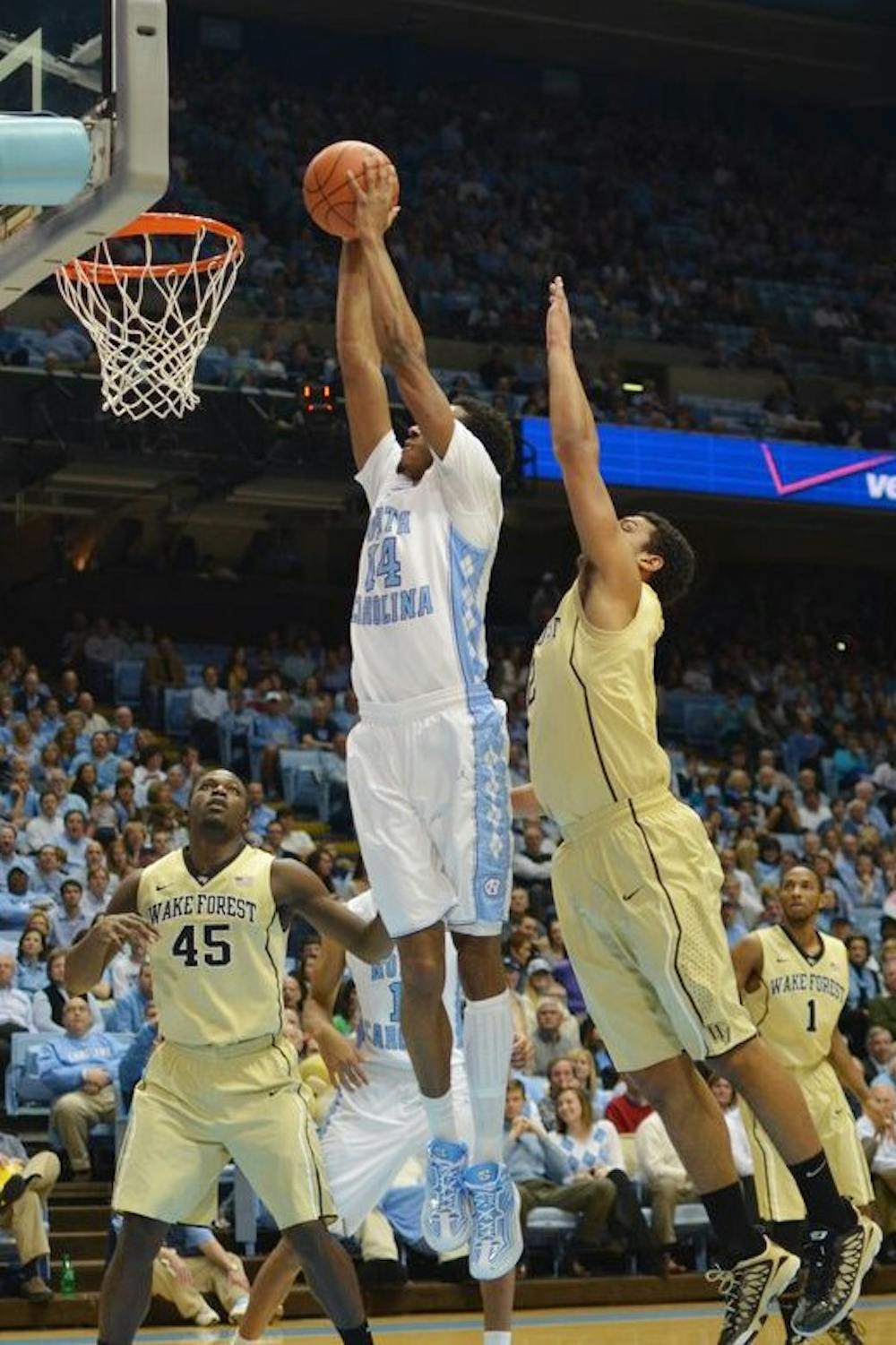 	Desmond Hubert dunks after breaking through Wake Forest&#8217;s defense. The dunk was Hubert&#8217;s only two points for the night.