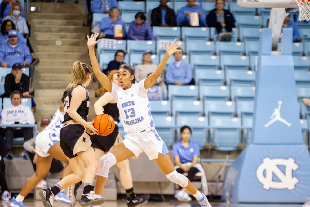 UNC redshirt first-year guard Teonni Key (13) guards a player during the women's basketball game against the Wofford Terriers in Carmichael Arena on Sunday, Dec. 11, 2022.