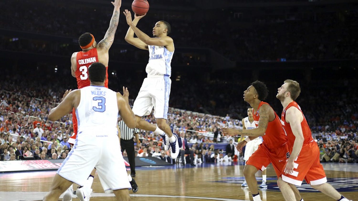 UNC forward Brice Johnson (11) takes a shot against Syracuse in the semi-finals of the NCAA Tournament. UNC took the victory with a score of 83 - 66.
